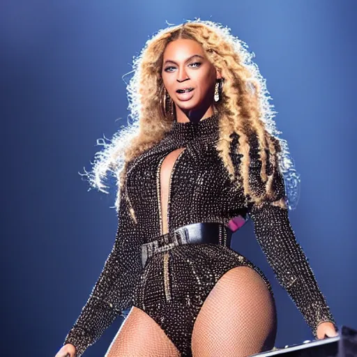 Image similar to Beyonce giving a concert, (EOS 5DS R, ISO100, f/8, 1/125, 84mm, postprocessed, crisp face, facial features)