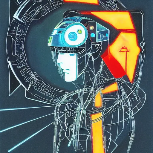 Prompt: the fullmetal neon robot sirius has a kernel without memory nor feelings, lights shaped like eyes on his chest, he believes he is a god, oil on canvas by dave mckean and yoji shinkawa