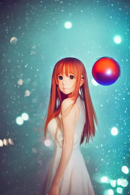 Prompt: Beautiful portrait of anime girl Asuna holding transparent sphere ball, 85mm photography, teal and orange colored wall with photo frames in bokeh background, night ambience, smooth volumetric lighting, geometric, low light room, photorealistic details, neon glowy edges, 4K, 8K, digital arts