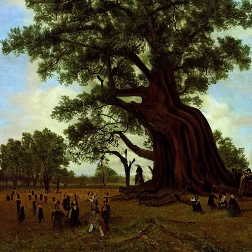 Prompt: huge tree with a lot of hanged bodies, southern gothic art, 1 9 th century scene, painted by friedrich caspar david