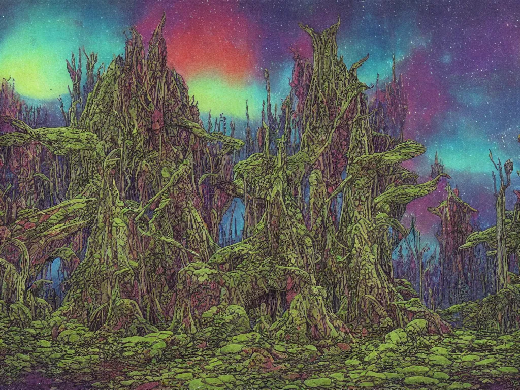 Image similar to an epic concept art, intricate coral, fungal gems, iridescent crystal monoliths, obelisks and an aurora borealis, mossy stumps, cell shading, by moebius, hiroshi yoshida, druillet, colorful, vivid colors