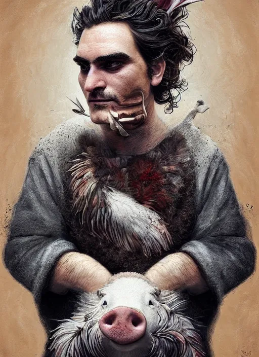 Image similar to a hyper detailed painting of an anthropomorphic joaquin phoenix as the king of animals, cow horns, pig nose, sheep wool, chicken feathers, horror, by anna podedworna, by miklos ligeti, by diego maricato, by taran fiddler, by antonino truisi, by chris reddie, on artstation