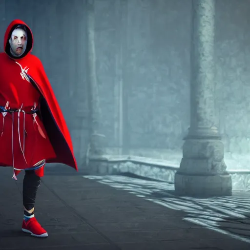 Image similar to warrior holding two swords, full body cape, red hoodie, worn out clothes, symmetry, unreal engine, volumetric light, photorealistic, full body shot, 8K, trending on artstation