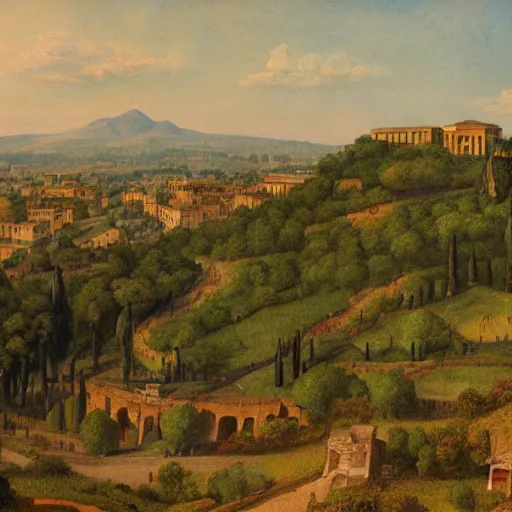 Image similar to a very detailed painting of a hill, ancient rome stands behind it in the distance, thick brush strokes, visible layers of paint.