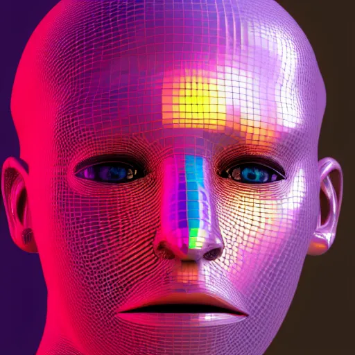 Image similar to 3d render of holographic human robotic head made of glossy iridescent, surrealistic 3d illustration of a human face non-binary, non binary model, 3d model human, cryengine, made of holographic texture, holographic material, holographic rainbow, concept of cyborg and artificial intelligence