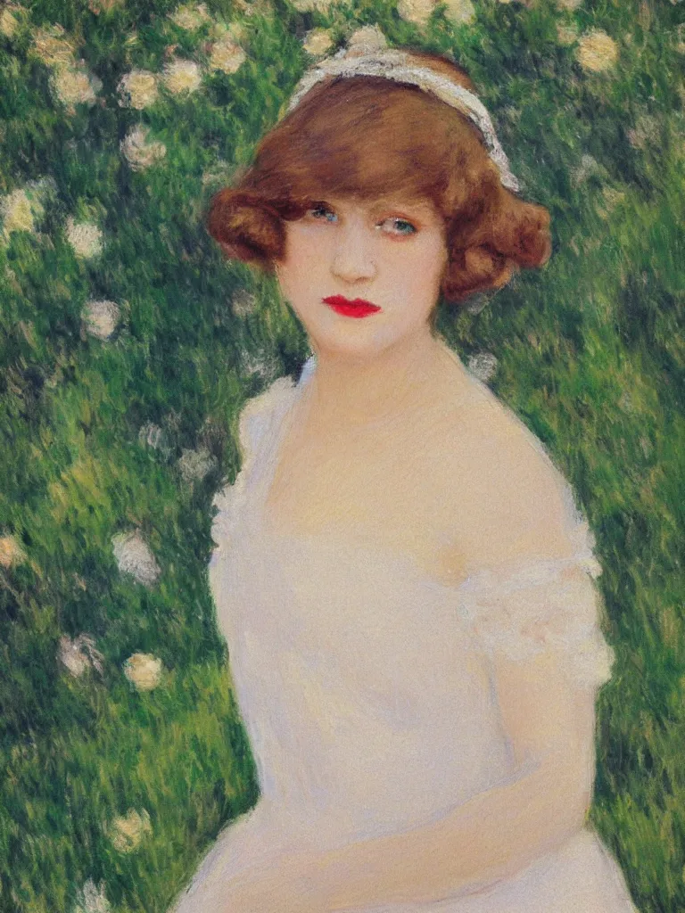 Image similar to portrait of < zelda fitzgerald > as a beautiful young lady wearing 1 9 2 0 s fashion, blurry face, brown hair, slim, fair, severe out of focus, depth of field, pleinairism, in the sun, backlit, closeup, oil on canvas, atr by monet, in the style of le promenade, smooth, impressionnisme, 8 k