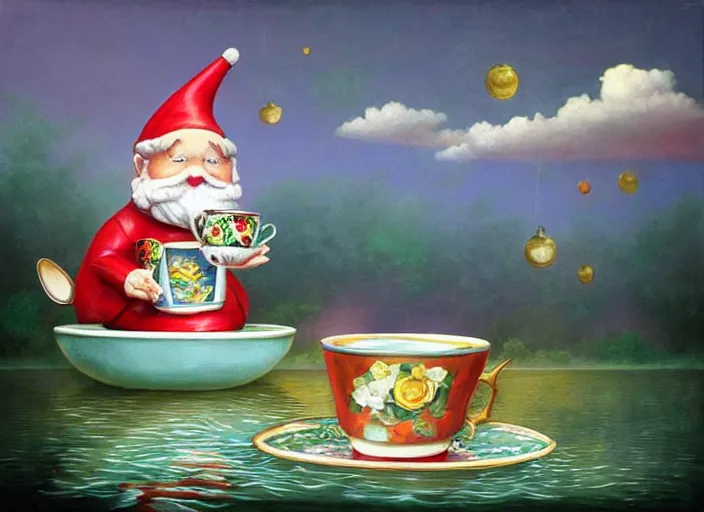 Image similar to a garden gnome sailing in a teacup, whimsical background of a reflective pond on a sunny day with dramatic clouds, an ultrafine detailed painting by mark ryden, trending on deviantart, pop surrealism, whimsical, lowbrow, joyous