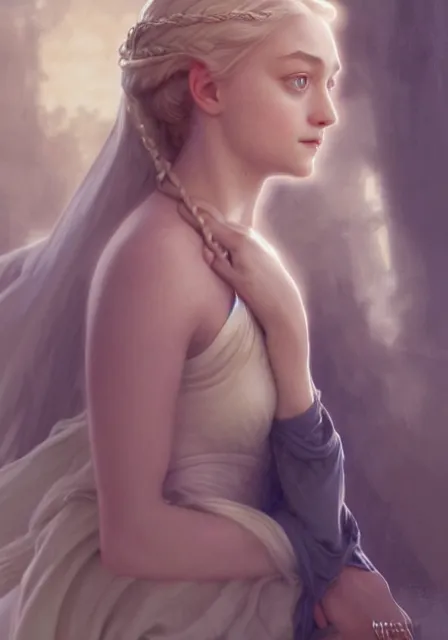 Image similar to daenerys dakota fanning, intricate, elegant, highly detailed, digital painting, artstation, concept art, smooth, sharp focus, illustration, art by artgerm and greg rutkowski and alphonse mucha and william - adolphe bouguereau