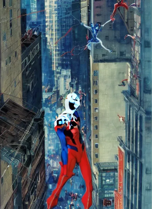 Prompt: spider - man into the spider - verse ( 2 0 1 8 ) anime key visual concept art of spider gwen standing on a balcony in new york city, golden rays, by ashley wood, yoji shinkawa, alberto mielgo, 6 0's french movie poster, french impressionism, vivid colors, palette knife and brush strokes, fish eye lens