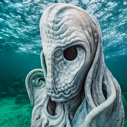 Image similar to illithid, eldritch, ancient marble statue, underwater photography
