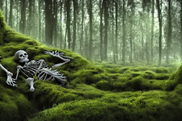 Image similar to human skeleton behind computer overgrown with moss, in forest, dark atmosphere, fanstasy, digital art, very realistic, trending on artsstation, very detailed