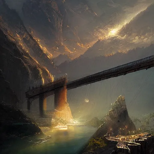 Image similar to Cannobio, St. Anna Gorge bridge, soft, light, bright, epic, awesome,digital art, by Simon baek and Greg rutkowski