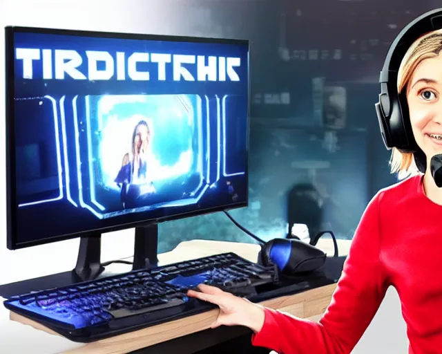 Image similar to Thirteenth Doctor as a Twitch streamer, wearing a gaming headset, webcam screenshot