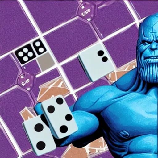 Prompt: photo of thanos playing with dominos