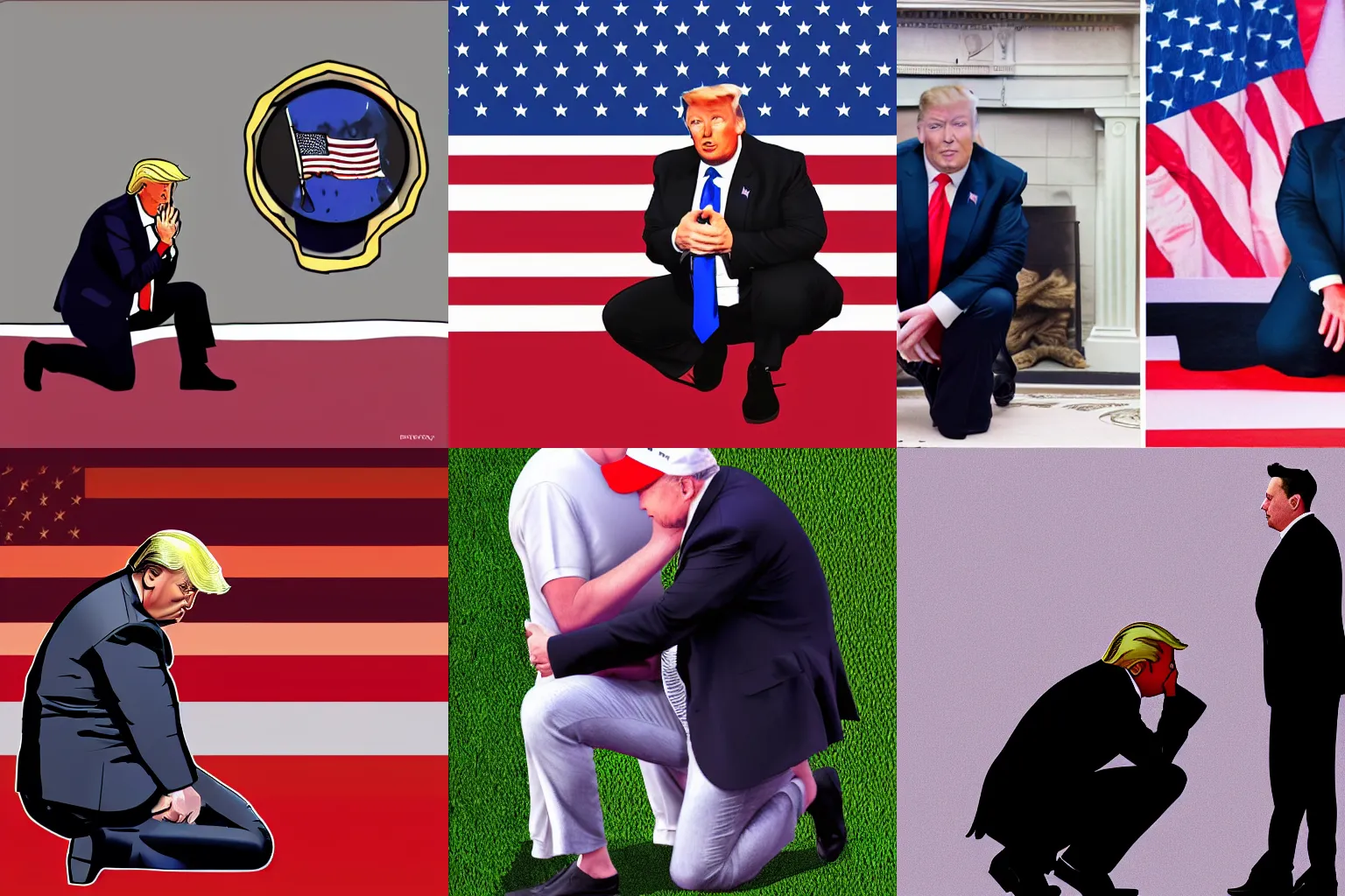 Prompt: Crying Elon Musk kneeling in front of Donald Trump, digital art