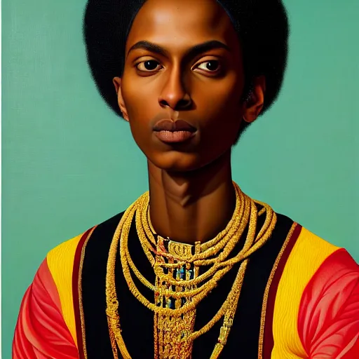 Prompt: A portrait of a skinny modern and stunning non-binary person, medium skin tone, Indian, oil painting by Kehinde Wiley, majestic, detailed, high resolution