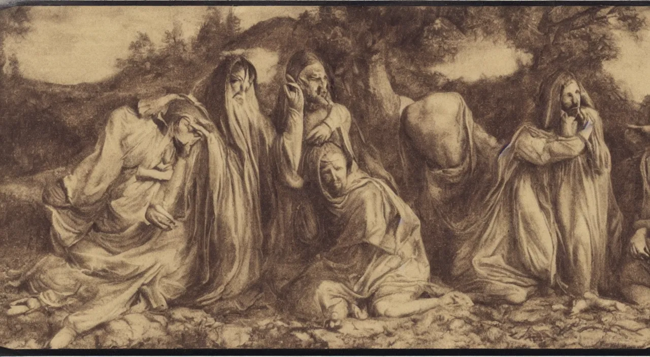 Image similar to an old polaroid of 3 maria's in a landscape crying at the death of christ