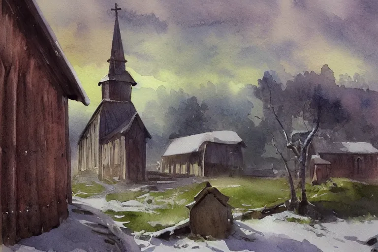 Prompt: small centered on watercolor paper, paint brush strokes, abstract watercolor painting of traditional scandinavian wooden church, medieval chapel at dawn, cinematic light, national romanticism by hans dahl, by jesper ejsing, by anders zorn, by greg rutkowski, by greg manchess, by tyler edlin