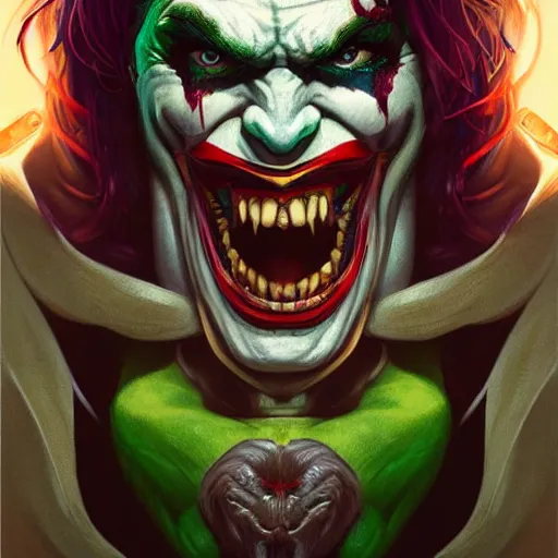 Image similar to portrait of michelle phan as the joker as a hulking herculean demon orc bugbear clown, godlike, upper body, fantasy, intricate, elegant, highly detailed, digital painting, artstation, concept art, sharp focus, illustration, art by artgerm and greg rutkowski and alphonse mucha