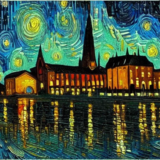 Prompt: uppsala cathedral at night in the style of van gogh, oil painting