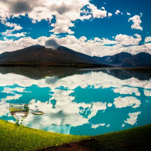 Prompt: a beautiful wide angle landscape photograph of an azure lake surrounded by mountains with clear blue sky and few clouds, as shot through a wine glass