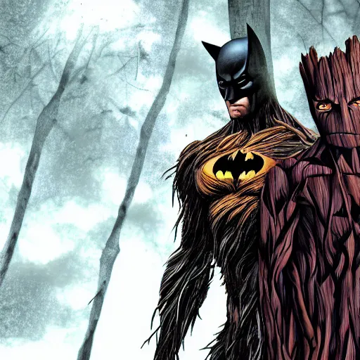 Image similar to batman meets groot in the woods digital art 4 k detailed super realistic