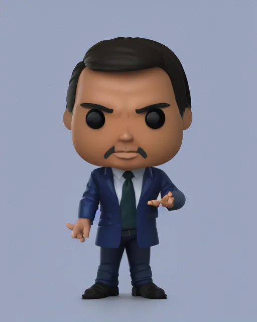 Prompt: full body 3d render of Jair Messias Bolsonaro as a funko pop, studio lighting, white background, blender, trending on artstation, 8k, highly detailed