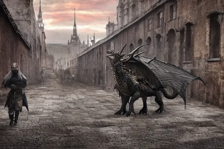 Image similar to photo of sad dragon from game of thrones with the background of the sreets of depressive soviet commieblocks houses, photorealism,