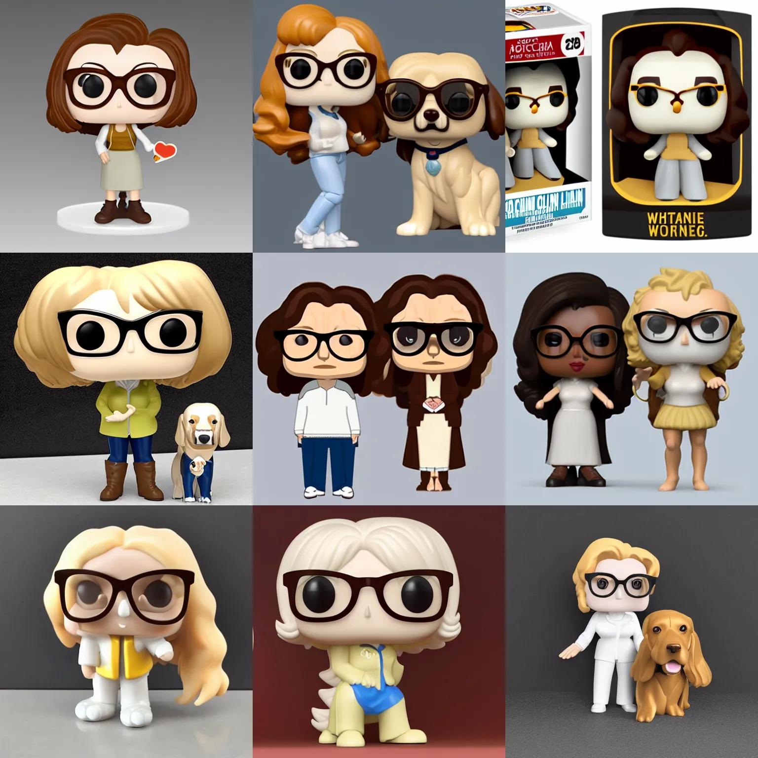 Prompt: pop figure of mom with shoulder-long, brown, slightly curly hair and glasses and a white golden retriever next to her