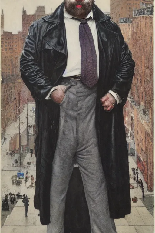 Prompt: full length portrait of eddie hall as a huge tall hulking marvel gangster wearing a leather trench coat standing on street 1 9 3 0 s new york, by lawrence alma tadema and zdzislaw beksinski and norman rockwell and jack kirby and tom lovell and greg staples and michael alford