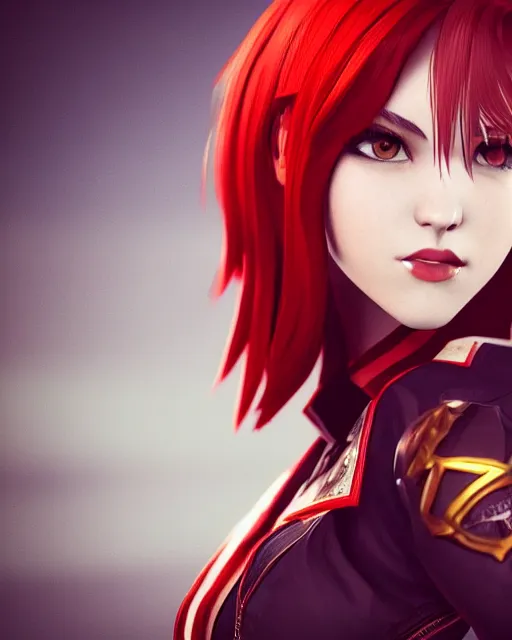 Image similar to a girl with short red hair, cool, vi from arcane, league of legends, fighter, cool red jacket, tattoo, beautiful, 3 d, potrait, art staion, studio light, closeup shot, octane render, wlop