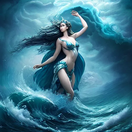 Image similar to powerful goddess of water clothed in swirling water striding through a stormy sea, dress made of water, highly detailed matte fantasy painting, rendered in octane, stormy lighting, by ross tran, by artgerm, by david suh, by peter mohrbacher