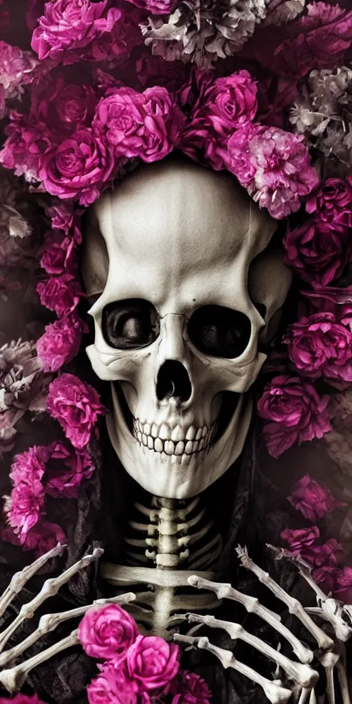 Prompt: cinematic shot epic portrait skeleton wearing a dark robe covered in flowers, hyper realistic, mood lighting, fantasy, detailed face, highly detailed, super realistic, perfect lighting