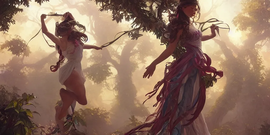 Prompt: a hyperrealistic render of dancers around a tree with ribbons, outdoor, art by Artgerm and Greg Rutkowski and Alphonse Mucha, hearthstone art style, epic fantasty card game art, Beautiful dynamic dramatic moody lighting, shadows, cinematic, Octane, 8K