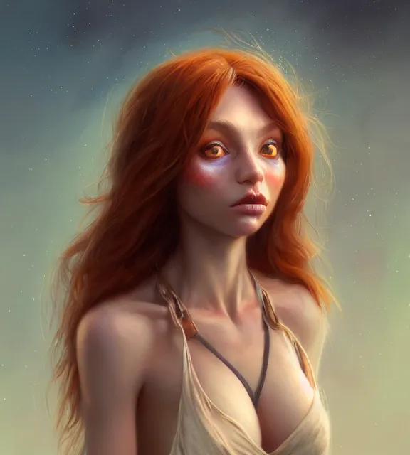 Prompt: cute female goblin as human, perfect face, beige halter top, auburn hair, abs, cinematic, blush, stunning, elegant, highly detailed, psychedelic, digital painting, artstation, smooth, hard focus, illustration, art by jessica rossier and and brian froud