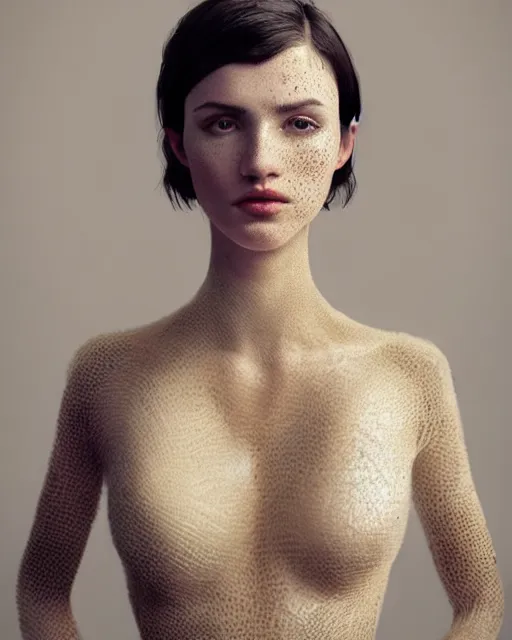 Prompt: half body portrait of juliana, wearing a risque outfit made from straw, 3 d animation, black hair, freckles, pale skin, photo by greg rutkowski, high fashion, female beauty, intricate detail, elegance, sharp shapes, soft lighting, vibrant colors, masterpiece