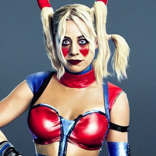 Image similar to A still of Kaley Cuoco as Harley Quinn