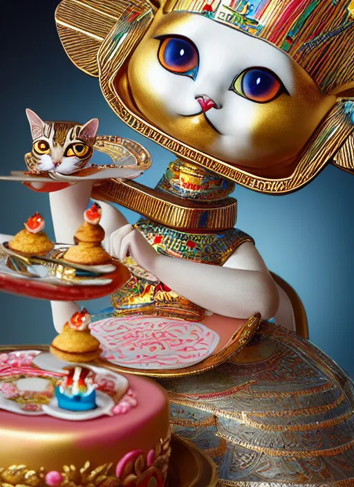 Prompt: highly detailed closeup, portrait of a tin toy egyptian cat goddess eating cakes, unreal engine, nicoletta ceccoli, mark ryden, earl norem, lostfish, global illumination, detailed and intricate environment