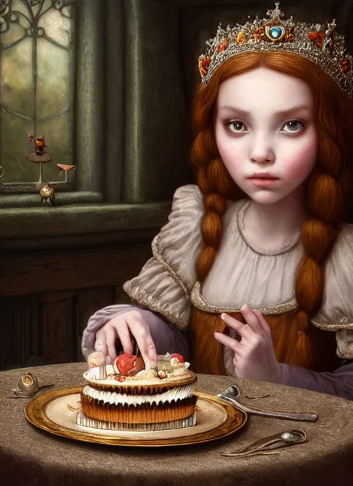 Image similar to highly detailed closeup portrait of a fairytale medieval princess eating cakes, unreal engine, nicoletta ceccoli, mark ryden, lostfish, earl norem, global illumination, god rays, detailed and intricate environment