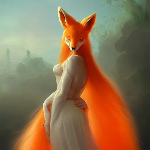 Prompt: prompt A beautiful portrait of a white red orange kumiho, translucent silky dress, long hair in the shape of fox tail, backlit, concept art, matte painting, by Peter Mohrbacher