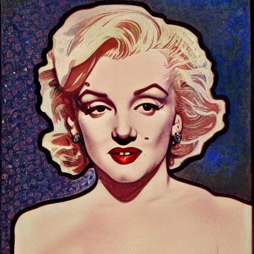 Prompt: realistic detailed front view portrait of Marilyn Monroe, painted by Mucha