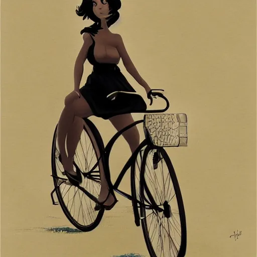 Image similar to girl black hair tail dark skin with old bicycle by Hayao Miyasaki trending on artstation