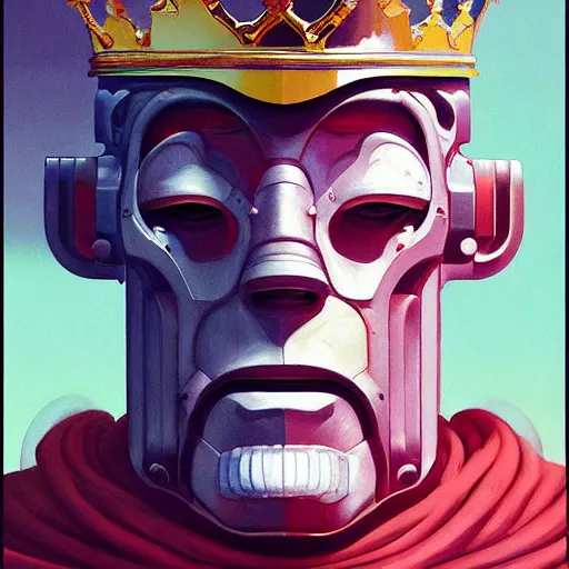 Prompt: Portrait of a King robot with digital crown, very coherent, painted by Edward Hopper, Wayne Barlowe, painted by James Gilleard, airbrush, art by JamesJean