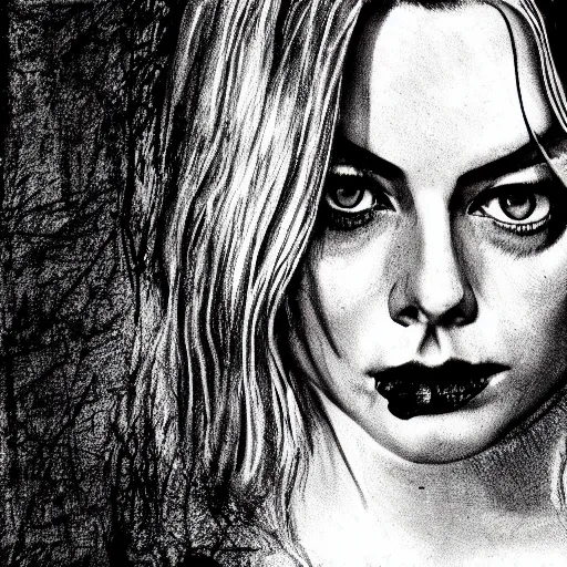 Image similar to grunge drawing of margot robbie in the style of the grudge