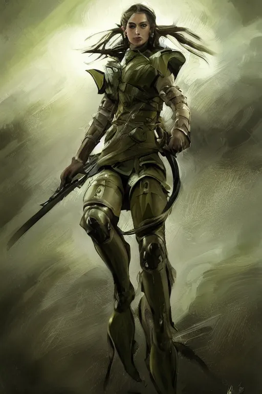 Prompt: a professional portrait of a young female warrior, clothed in military-style battle armor, olive skin, long dark hair, beautiful bone structure, symmetrical facial features, green eyes, intricate, elegant and graceful, digital painting, concept art, smooth, sharp focus, illustration, finely detailed, from Metal Gear by Ruan Jia and Mandy Jurgens and Artgerm and William-Adolphe Bouguerea, award winning art, trending on Artstation