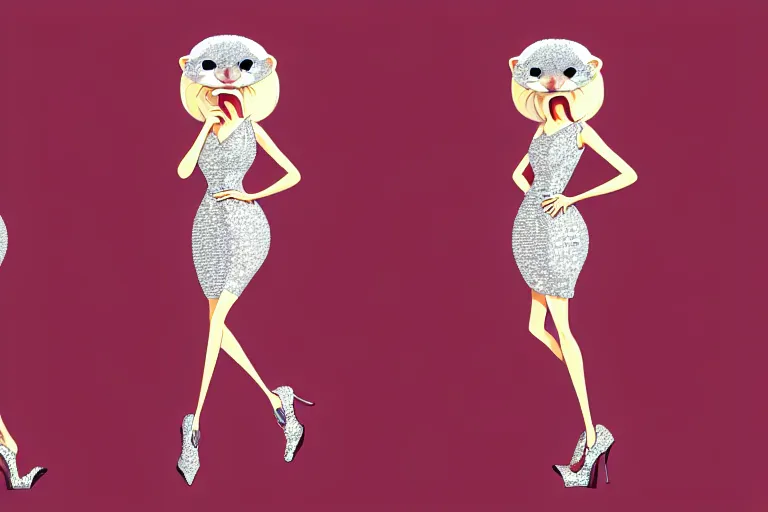 Prompt: detailed illustration flat 2 d : female ferret character : wearing diamonds : wearing silver showgirl sequins dress : head legs shoes : lorax movie : artstation