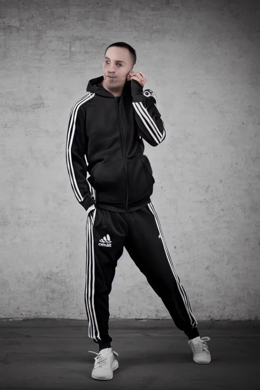 Image similar to Professional portrait photo of a drunk man wearing black adidas tracksuit, high quality photo, 25mm