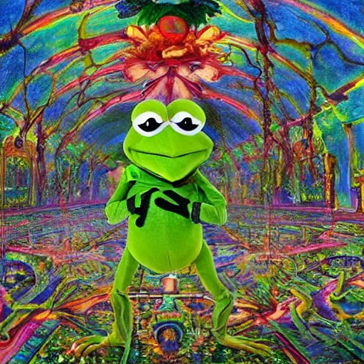 Image similar to kermit the frog as a holy sacred god enlightened on acid in the labyrinth woods as a masterpiece painting by john chamberlain and judy chicago, trending on art station