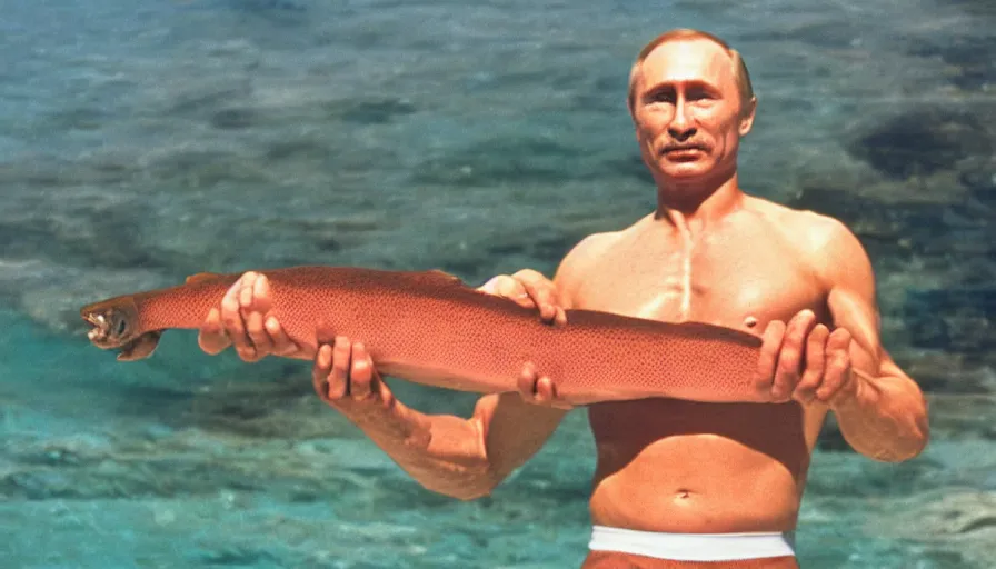 Image similar to 7 0 s movie still of putin in speedo, proudly holding a salmon, focus on eyes. cinestill 8 0 0 t _ 3 5 mm eastmancolor, heavy grain, high quality, high detail