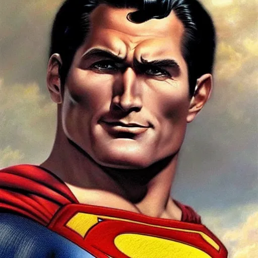 Image similar to an ultra - realistic portrait painting of superman in the style of frank frazetta. 4 k. ultra - realistic. highly detailed. dark fantasy. epic lighting.